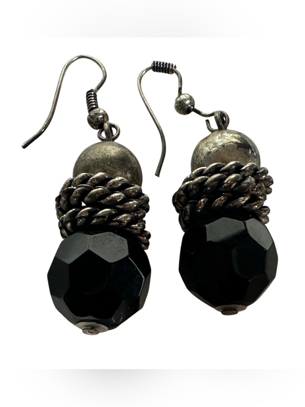Faceted Black Glass Bead & Silver Twisted Rope Dangle Earrings